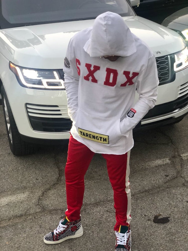 White hooded SXDX flagship longsleeve